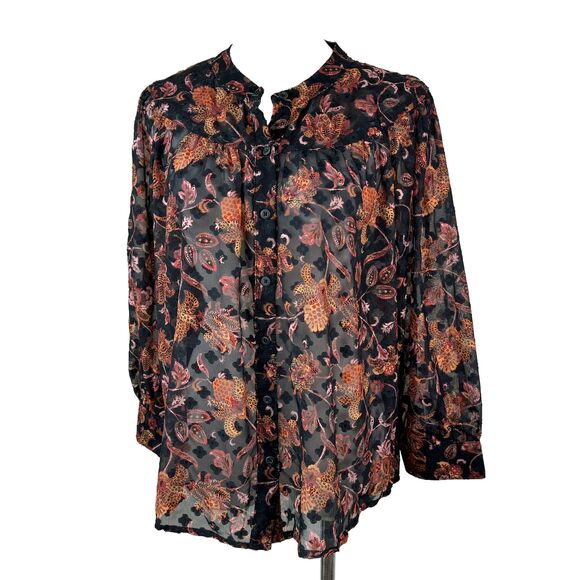 Ophelia Roe Semi Sheer Floral Blouse Women’s M Black Orange Button Front - Picture 1 of 9